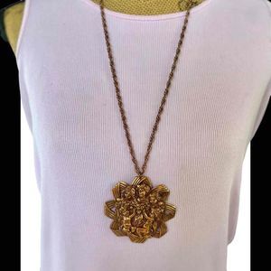 Huge Victorian Cherub Copper Tone Fruit Repousse Pendant Necklace